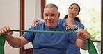 Physiotherapy, arm and old man doing band stretching exercise, recovery or physiotherapist advice on rehabilitation. Physical therapy, retirement and nurse aid senior patient on arthritis healing