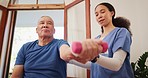 Dumbbell, old man and physiotherapist talking, support and consulting on arm exercise, osteoporosis healing or rehabilitation. Physical therapy, expert and support senior client on accident recovery