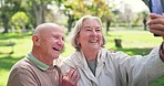 Happy, selfie and senior couple at park for love, support and bonding together for care. Smile, elderly man and woman in garden for photography, social media picture and funny laugh outdoor in nature