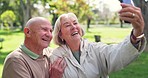 Smile, selfie and senior couple at park for love, support and bonding together for care. Happy, elderly man and woman in garden for photography, social media picture and funny laugh outdoor in nature