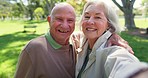 Face, senior and selfie of happy couple at park for love, support and bonding together. Portrait, profile picture and photography of elderly man and woman in garden for social media outdoor in nature