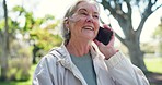 Phone call, happy and senior woman in park for mobile app for contact, conversation and chat. Retirement, fitness and person with smartphone for talking, online discussion and networking outdoors