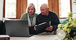 Laptop, finance and senior couple on a sofa with documents for tax, planning or savings at home. Budget, investment and old people online in a living room for insurance, banking or loan application