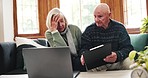 Finance, stress and senior couple with laptop on sofa for debt, crisis or tax audit mistake at home. Budget, fail and old people online with anxiety for economy, inflation or loan rejection in house