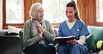 Happy, old woman or doctor with good news, results or report history talking in consultation. Checklist, clapping or nurse with medical update, clearance or smile for elderly patient in nursing home