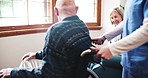 Push, nurse or old couple in wheelchair for support, trust or empathy for senior care in retirement home. Rehabilitation, disabled or people in a house together with wellness, love or disability