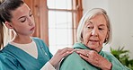 Elderly woman, shoulder pain or consultation by doctor for arthritis, physiotherapy or nursing home by healthcare. Senior person, disability or physiotherapist in osteoporosis, medical or wellness