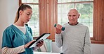 Physiotherapist, senior man and tablet with dumbbells, consultation and workout with progress in nursing home. Elderly person, nurse and analysis for muscle, rehabilitation or exercise in retirement