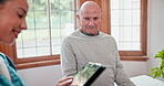 Doctor, tablet or senior man with dumbbell exercise at home, retirement or physiotherapy for injury help. Nurse, technology or elderly man in strength training in fitness, arthritis care or wellness