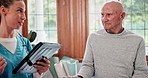 Physiotherapy, elderly man and tablet with dumbbells, talking and workout with app for progress in nursing home. Senior person, nurse and analysis for muscle, rehabilitation or exercise in retirement