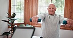 Physical therapy, senior man and tablet with dumbbell and wellness exercise for health at hospital. Physiotherapist, healing and elderly patient with consultation and assessment for care and support