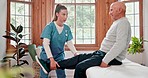 Physiotherapist, senior man and exercise for legs, pain and consulting for healthcare in nursing home. Elderly person, nurse woman and talk for muscle injury, rehabilitation or recovery in retirement