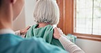 Physiotherapist, senior woman and help for shoulder pain, consultation and healthcare in nursing home. Elderly person, nurse and talking for muscle injury, rehabilitation and recovery in retirement