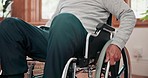 Man, hands and closeup for moving wheelchair, learning and recovery from injury, accident and home. Person with disability, mobility chair and push for progress, transport or rehabilitation in clinic