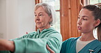 Rehabilitation, recovery or physical therapy with a nurse and old woman in an assisted living home for senior care. Fitness, healthcare or physiotherapy with a patient and caregiver in a clinic