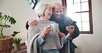 Home, coffee and senior couple with cellphone, internet and kissing with romance, bonding together and social media. Romantic, morning or apartment with elderly man, old woman and smartphone with tea