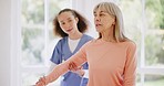 Senior women, help and physiotherapy for injured arm, physio or medical issues for rehabilitation, therapy and support. Doctor, healthcare and work with elderly, home and physical recovery assessment