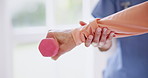 Senior, hand and dumbbell with nurse for physiotherapy, exercise and wellness with support or help. Elderly, person and caregiver or employee with physical therapy for fitness, workout or training 