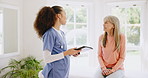 Results, tablet or nurse consulting a mature patient for advice, health checkup or history in retirement. Caregiver talking, medical doctor helping or senior woman in physiotherapy rehabilitation 