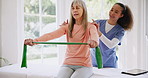 Senior, woman and stretching band for physiotherapy, wellness and fitness with physiotherapist support. Physical therapy and elderly person with exercise, workout or rehabilitation for muscle or body