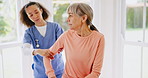 Arm pain, massage or nurse with a senior woman for injury checkup or consulting in retirement. Accident, doctor helping or injured mature patient in physiotherapy rehabilitation for healing advice