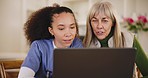 Results, laptop or caregiver consulting a senior woman for advice, health checkup or history in retirement. Nurse talking, medical doctor or happy mature patient speaking of nursing help online 