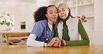 Senior, sad woman or nurse with hug or results in consultation for bad news or cancer disease. Stress, empathy or caregiver with a depressed sick patient for nursing support, sympathy or help in home