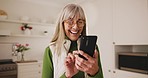 Home, smile and senior woman with a smartphone, typing or social media with connection, email notification or website information. Mature person, elderly lady or cellphone with digital app or contact