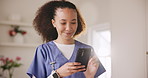 Nurse, phone and internet scroll for social media, technology or communication at hospital with happiness. Healthcare, worker and smartphone for networking, conversation or streaming web at clinic