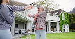 Personal trainer, woman and exercise and stretching in garden by villa, house and workout together. Diversity, yoga and teamwork in wellness with coach, motivation and challenge for fitness goals