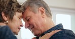 Senior couple, dance hug and love closeup in a home in retirement and marriage with bonding, care and support. Trust, elderly woman and man in a living room with embrace and relax with commitment