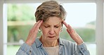 Headache, senior woman and stress closeup at home from retirement, debt or depression. Migraine, dementia worry and anxiety of elderly person in a house with mental health, head massage and pain