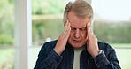 Headache, senior man and stress problem in home from retirement, debt or sick from anxiety. Migraine, dementia worry and tired elderly male person in a house with mental health, head massage and pain