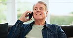 Phone call, communication and senior man in the living room of retirement home for discussion. Smile, technology and elderly male person on mobile conversation with cellphone in lounge of house.