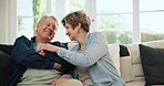 Senior couple, forgiveness and therapy for marriage, hope and conflict on couch in living room. Elderly people, fighting for cheating, affair and erectile dysfunction in sex, love and reconnect
