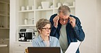 Senior man, woman and taxes with laptop, kiss and glasses for reading, thinking and check paperwork. Old people, couple and documents for budget, investment and financial review with computer in home