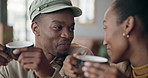 Couple, coffee and happy with communication at restaurant, cafe or diner for bond, care or love. Black people, man and woman with tea on a weekend for break, conversation and talking for quality time