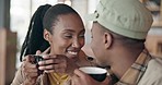 Couple, coffee and romantic with kiss at restaurant, cafe or diner for bond, care or love. Black people, man and woman with flirting on a weekend for break, conversation and talking for quality time