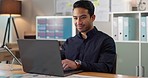 Happy man in office, typing on laptop and planning online research for creative project at professional digital agency. Internet, website and networking, businessman with smile and computer for email