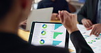 Hands, business people in meeting and data analysis on tablet, online review with graph and information for team with market research. Statistics, analytics and digital infographic with collaboration