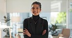 Crossed arms, happy and face of business woman in office for leadership, empowerment and success. Creative agency, startup and portrait of person smile in workplace for ambition, pride and confidence