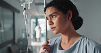 Woman, patient and iv drip, healthcare at hospital for wellness, burnout and medicare treatment. Female patient, hospital and recovery from virus or cancer, stress and depression while sick in pain