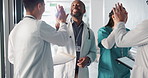 Doctors, nurses and high five, teamwork or healthcare success with hospital news, results or group goals. Medical people in fist bump, celebration and praise for clinic achievement or congratulations