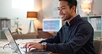 Businessman in office, typing on laptop and smile, planning online research in creative project at digital agency. Internet, website and networking, happy man with computer for email report or review