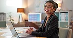 Portrait of businesswoman in office with smile, laptop and planning online research for creative project at digital agency. Internet, website and networking, happy woman and computer for email review