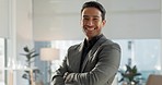 Crossed arms, happy and face of business Asian man in office for leadership, empowerment and success. Corporate, manager and portrait of person smile in workplace for ambition, pride and confidence