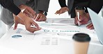 People hands, documents and meeting for data analysis, planning and teamwork in stats meeting and marketing strategy. Business group with paperwork, infographics and metrics report or brainstorming