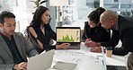 People, collaboration meeting and laptop screen for data analysis, financial report and planning of profit or accounting. Business manager or group review and talk of statistics or growth on computer