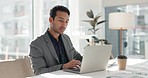 Man in office with laptop, market research and notes for social media review, business feedback or planning. Thinking, search and businessman networking online for startup, website and writing report