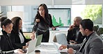 Business people, data analytics and meeting teamwork, collaboration or manager support on tablet and computer screen. Analyst presentation and team training with stats report, graphs and management